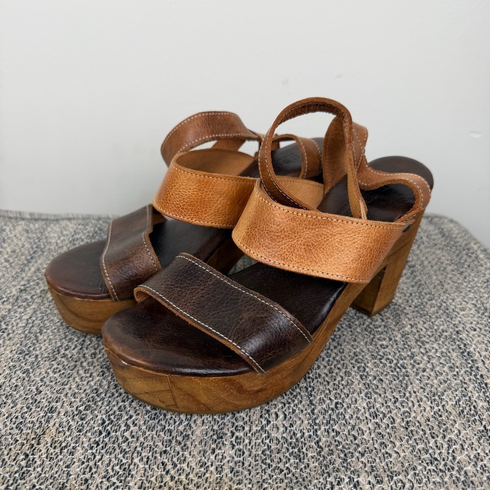 BED STU Sophie Brown Tan Leather Wood Platform Sandals 7.5